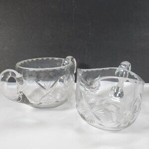 Cream and Sugar Set Vintage Lead Crystal Etched Flowers Heavy Glass